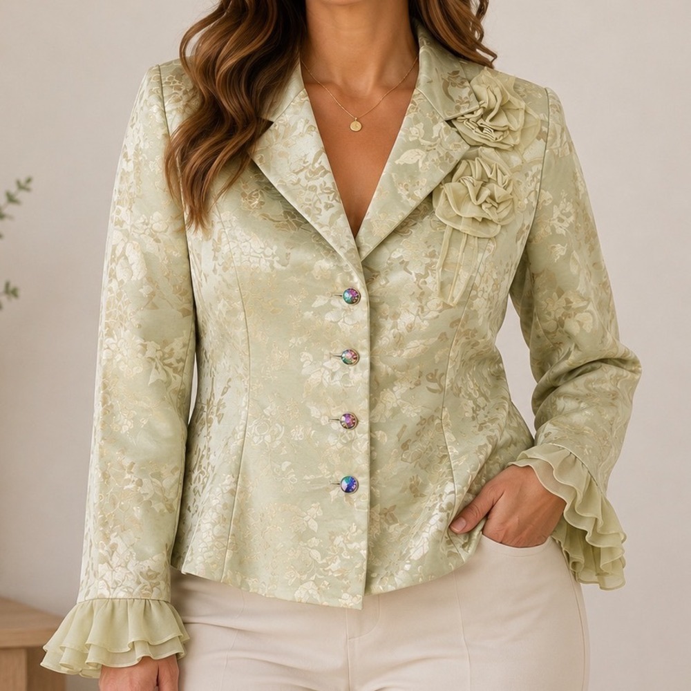 Vintage Floral Jacquard Blazer Size 6 Rosette Ruffle Brocade Romantic Statement
